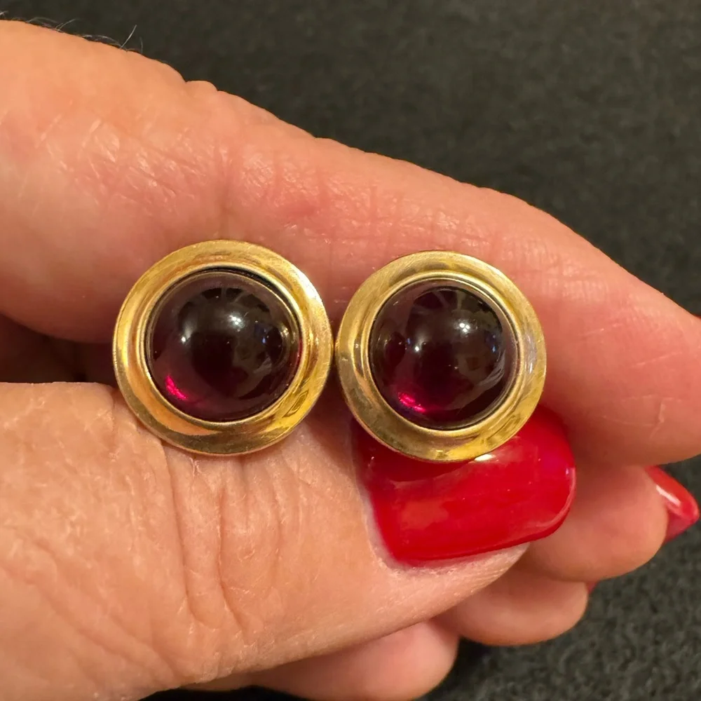 VTG Krementz 1940s rose tone ruby red glass stone cufflinks and tie bar set